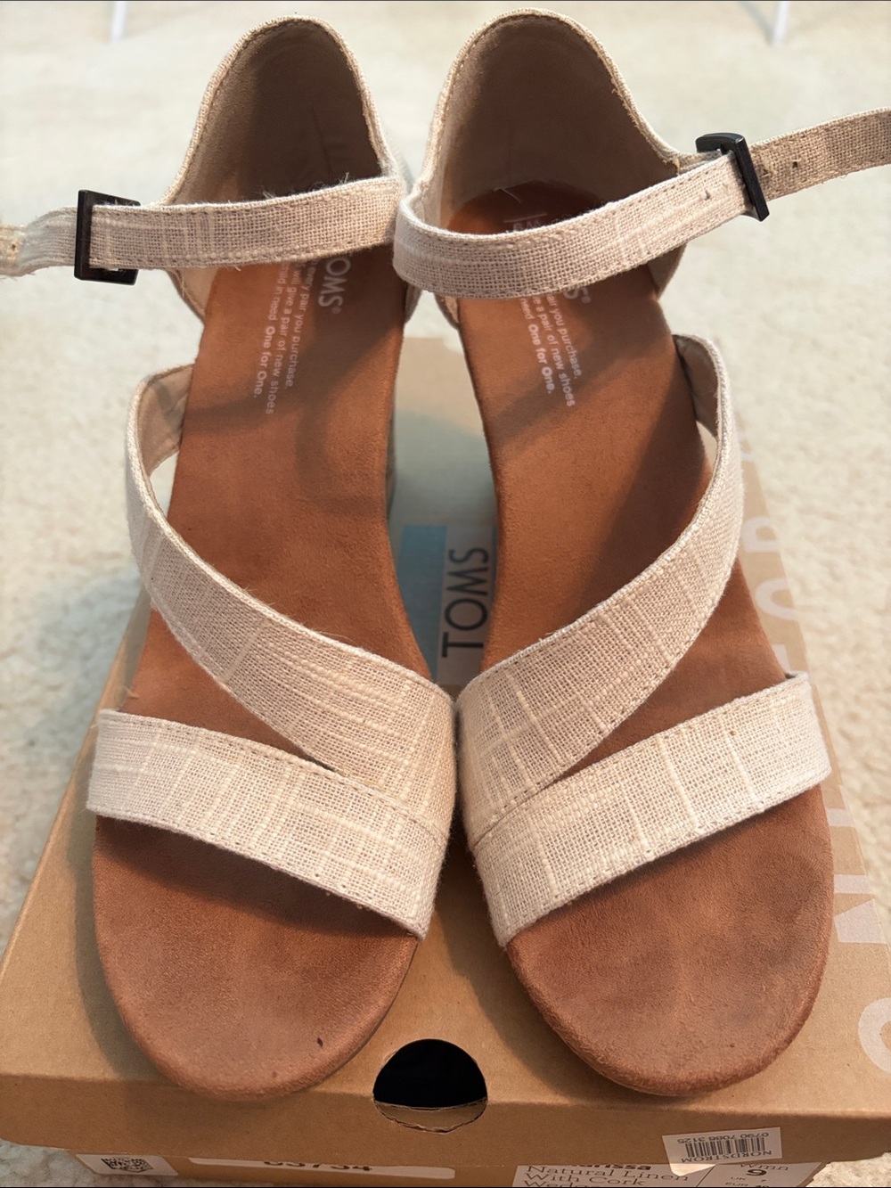 Women’s TOMS Clarissa Natural Linen Cross-Strap Cork Wedge Sandals size 9